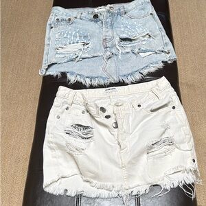 One Teaspoon Frayed Mini Skirts - Light Blue and Cream